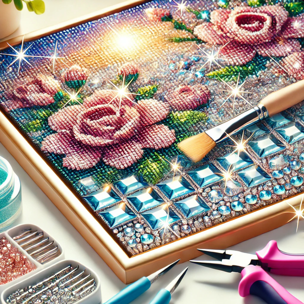 Diamond painting with sparkling drills, aftercare tools, and soft pink and purple hues in an organized workspace