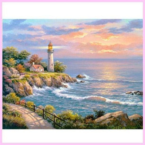 lighthouse beach sunset AH1352 5D Diamond Painting